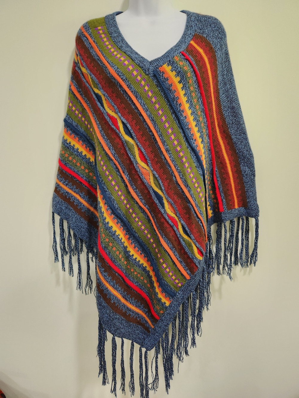30 % Alpaca Striped V-Neck Fringe Poncho Sweater in Blue Multicolor